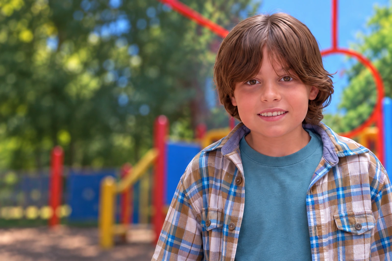 Josh at a playground, wearing a checked shirt