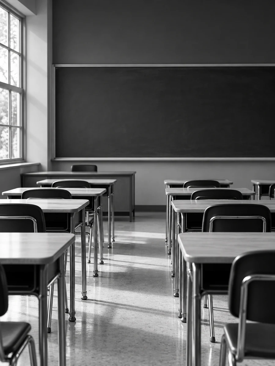 Empty classroom with desks and a chalkboard
