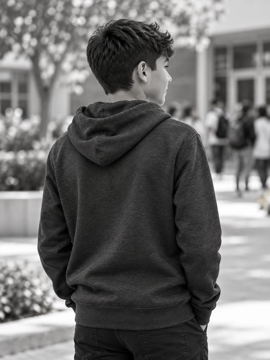 Teen in a hoodie listening in a school courtyard