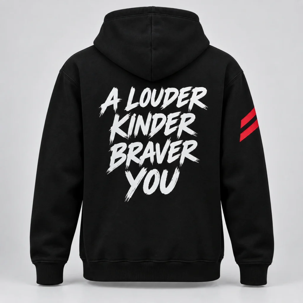 Black SPEAK//UP hoodie, back view with white A Louder Kinder Braver You lettering and red stripes on the right sleeve