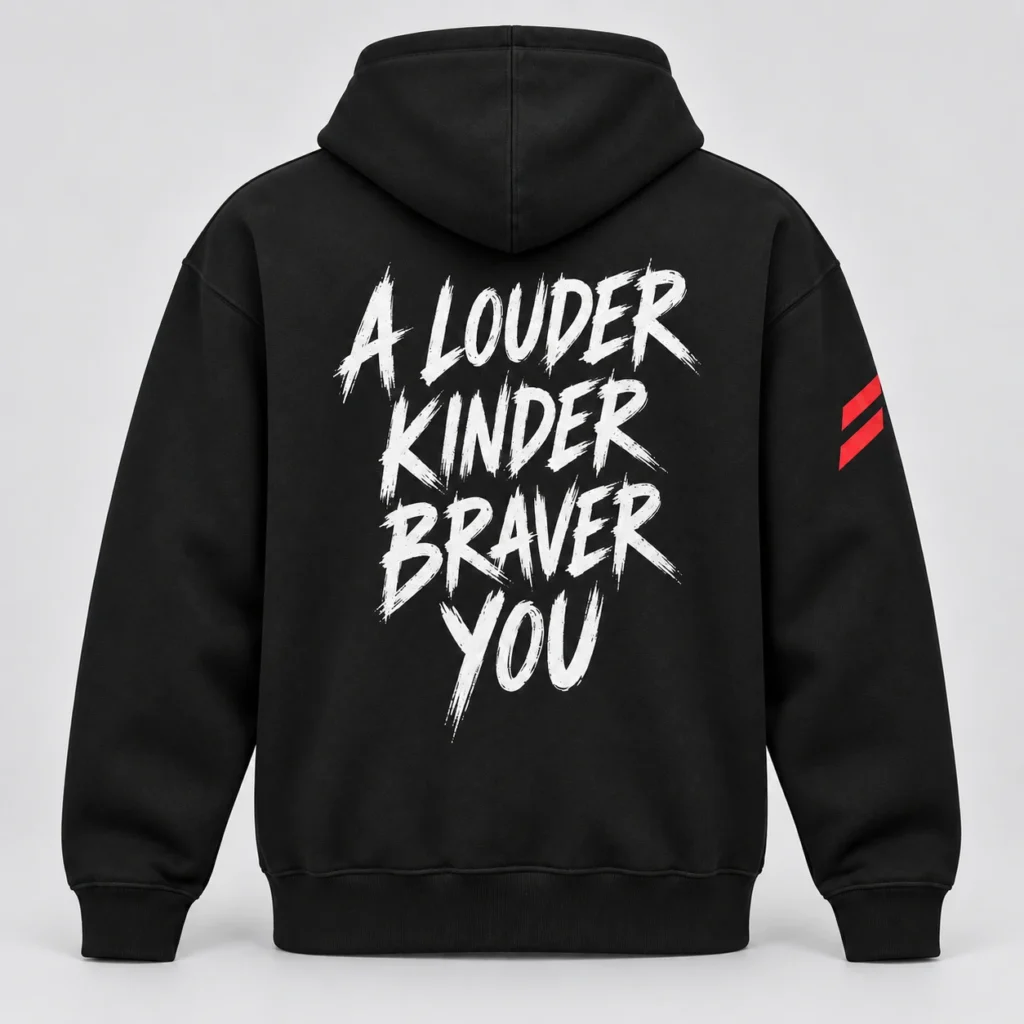 Black SPEAK//UP hoodie, back view with white A Louder Kinder Braver You lettering and red stripes on the right sleeve