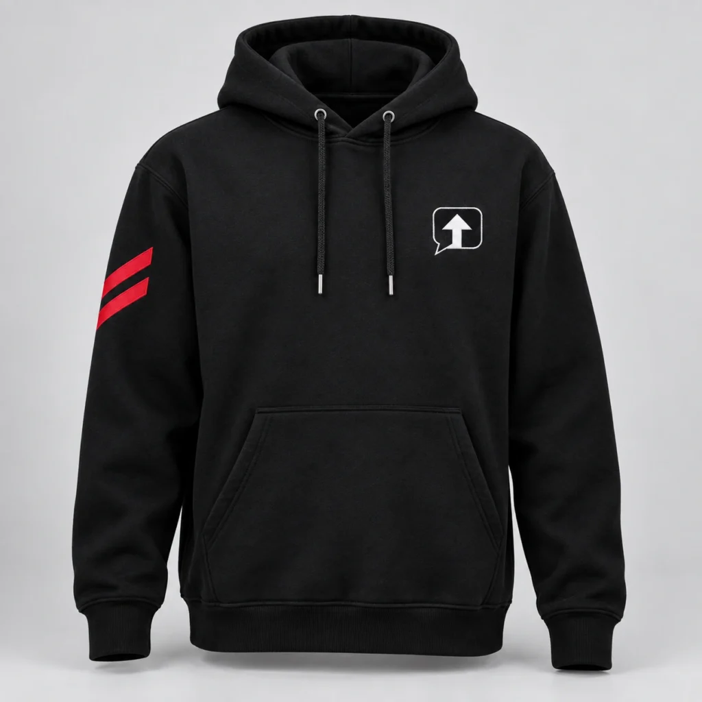 Black SPEAK//UP pullover hoodie, front view with a black chest patch with a white arrow and white border and red stripes on the right sleeve