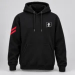 Black SPEAK//UP pullover hoodie, front view with a black chest patch with a white arrow and white border and red stripes on the right sleeve