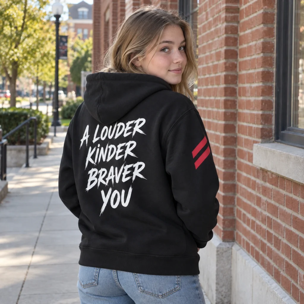 Teenage girl wearing a black SPEAK//UP hoodie with white A Louder Kinder Braver You lettering on the back beside a brick building