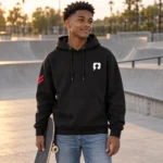 Teenage boy wearing a black SPEAK//UP pullover hoodie with an arrow chest patch and red sleeve stripes at a skatepark