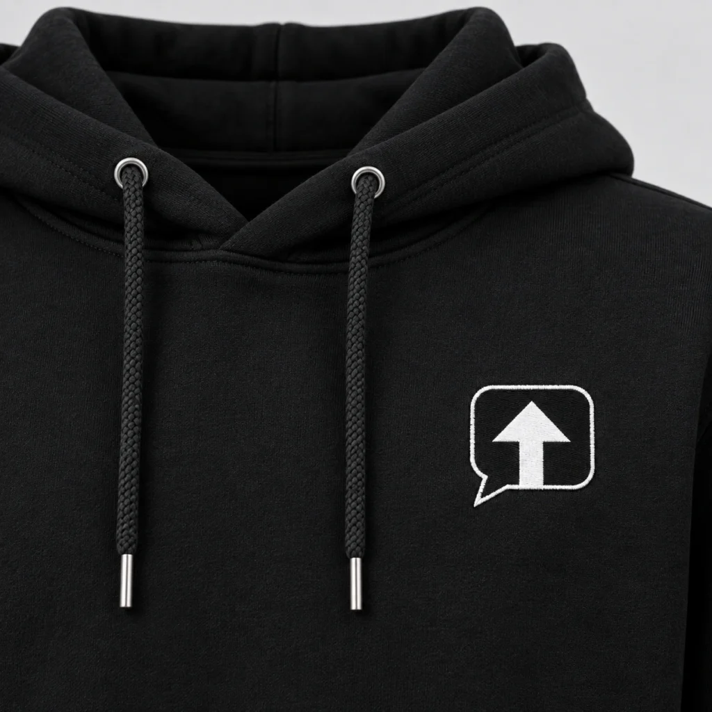 Close-up of the black speech-bubble patch with a white arrow and white stitched border on a black SPEAK//UP hoodie
