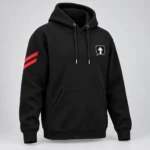 Black SPEAK//UP pullover hoodie, three-quarter view with a black chest patch with a white arrow and white border and red stripes on the right sleeve