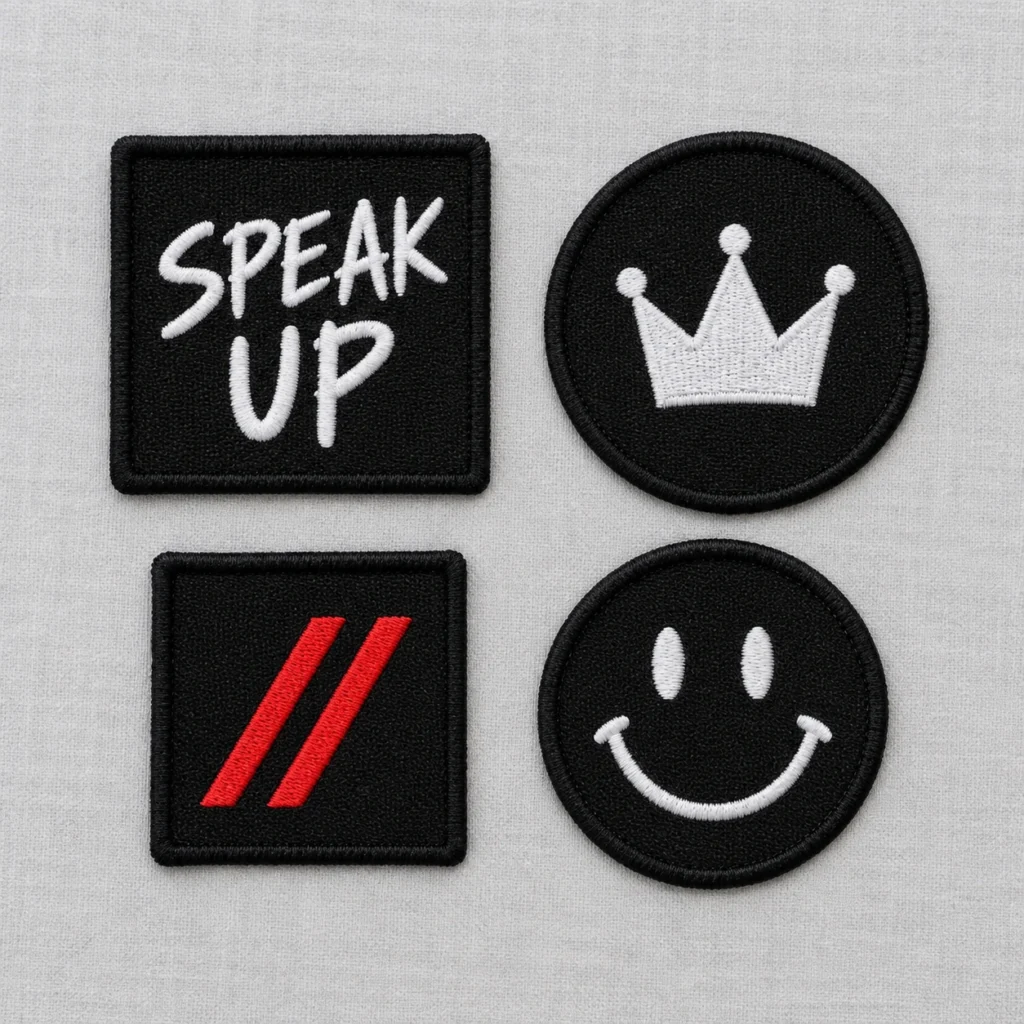 Four black SPEAK//UP embroidered patches with white SPEAK UP lettering, a crown, a smiling face and red double slashes