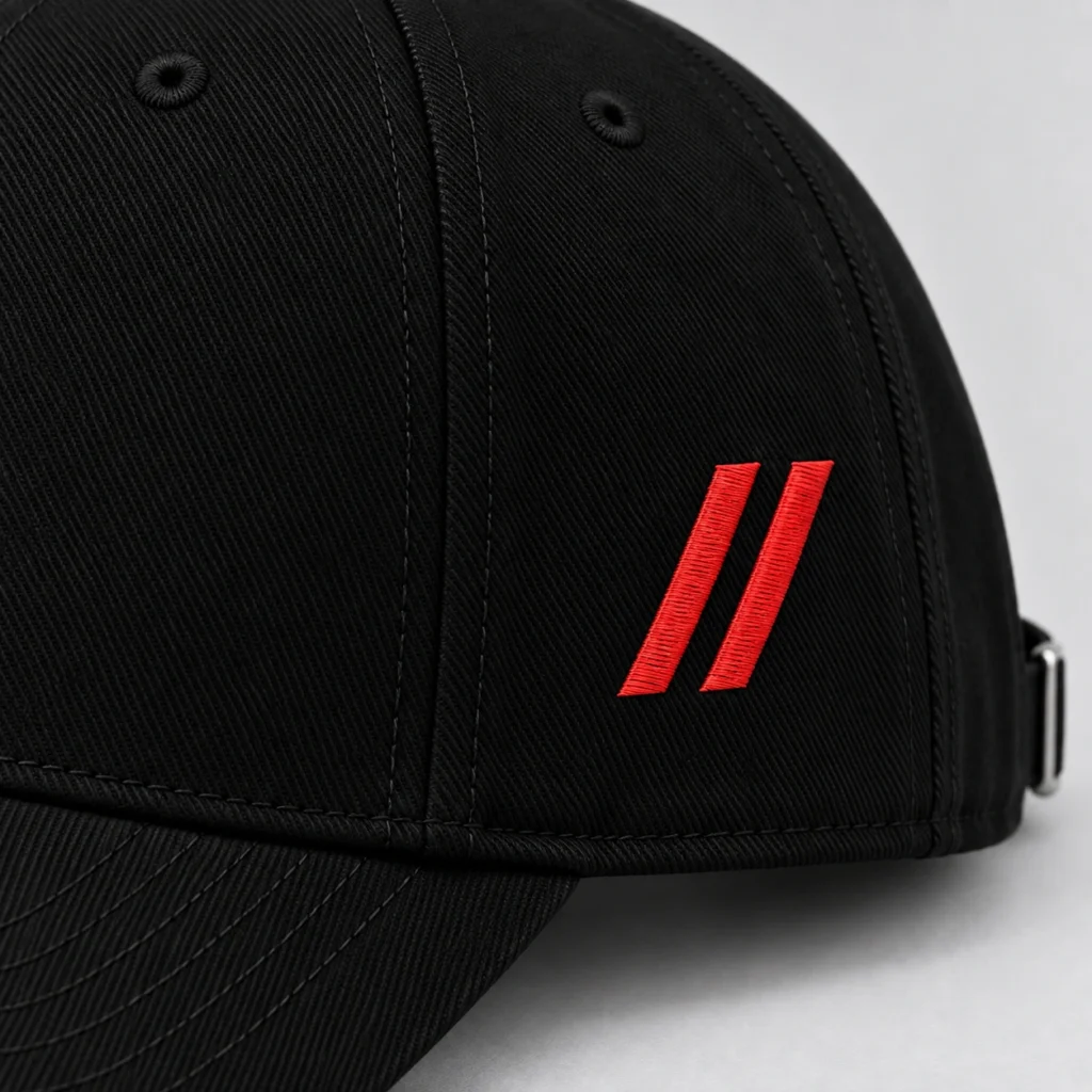 Close-up of red embroidered double slashes on the black SPEAK//UP cap