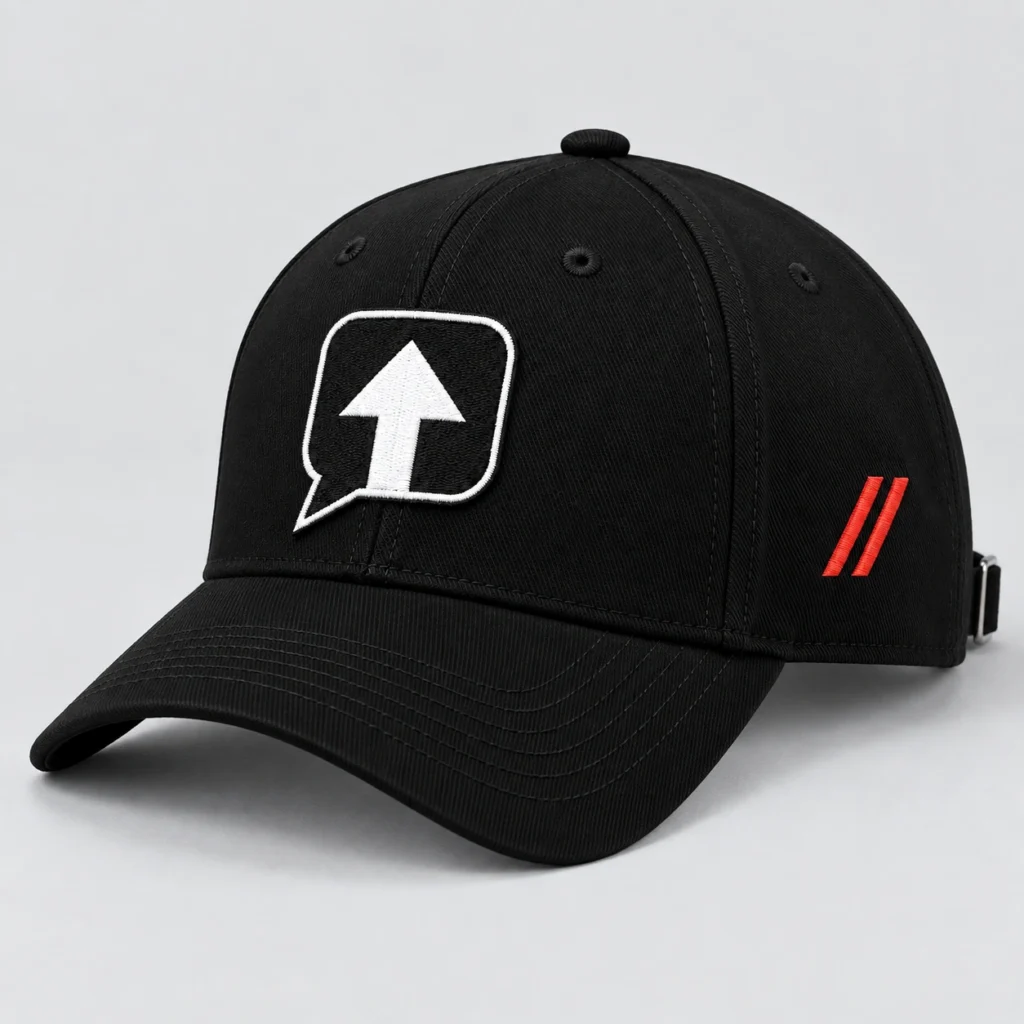 Black SPEAK//UP high-profile baseball cap, side view