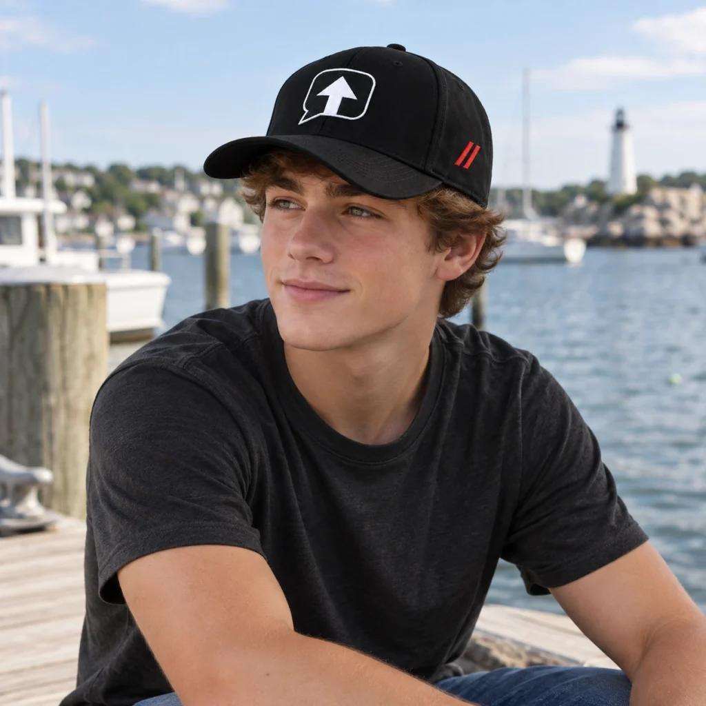 Teenage boy wearing a black SPEAK//UP high-profile baseball cap with red side embroidery at a waterfront