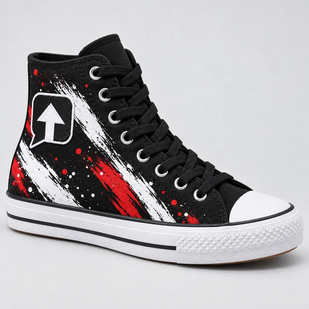 Black SPEAK//UP high-top sneaker with red and white artwork and an embroidered arrow patch, front three-quarter view.