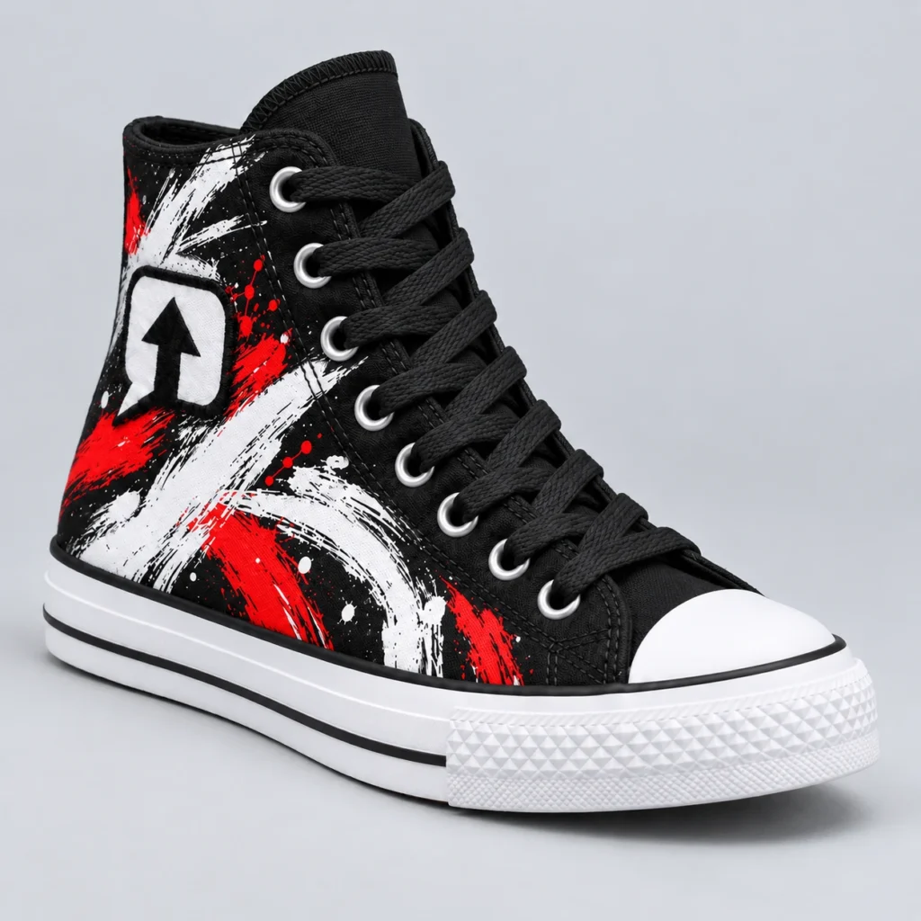 Black SPEAK//UP high-top sneaker with red and white artwork and an embroidered arrow patch, front three-quarter view.