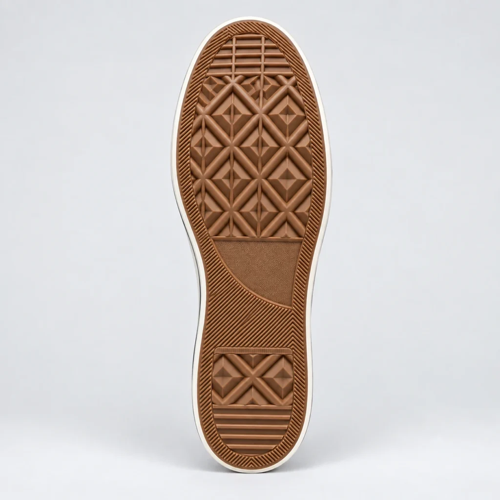 Straight bottom view of the tan rubber outsole of a black SPEAK//UP high-top sneaker, showing diamond and diagonal tread.