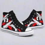 Pair of black SPEAK//UP high-top sneakers with red and white artwork and embroidered arrow patches on both outer ankles.