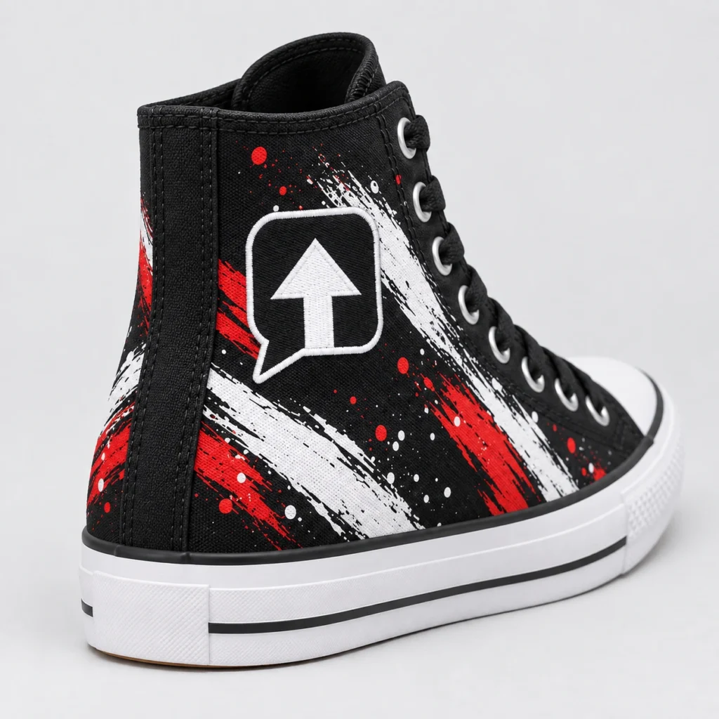 Black SPEAK//UP high-top sneaker viewed from behind, showing the heel seam, red and white artwork and embroidered arrow patch.