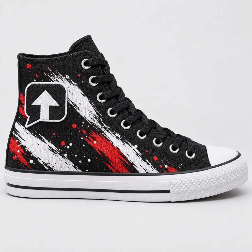 Black SPEAK//UP canvas high-top sneaker with red and white brush artwork and a sewn white arrow on a black patch with a white border, side view.