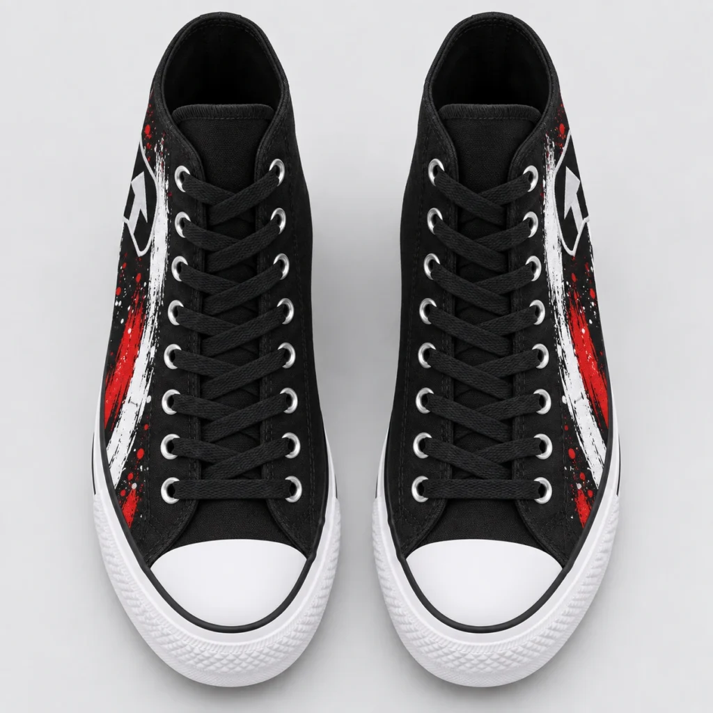 Top view of a left and right pair of black SPEAK//UP high-top sneakers with black laces, white toe caps and red and white brush artwork.