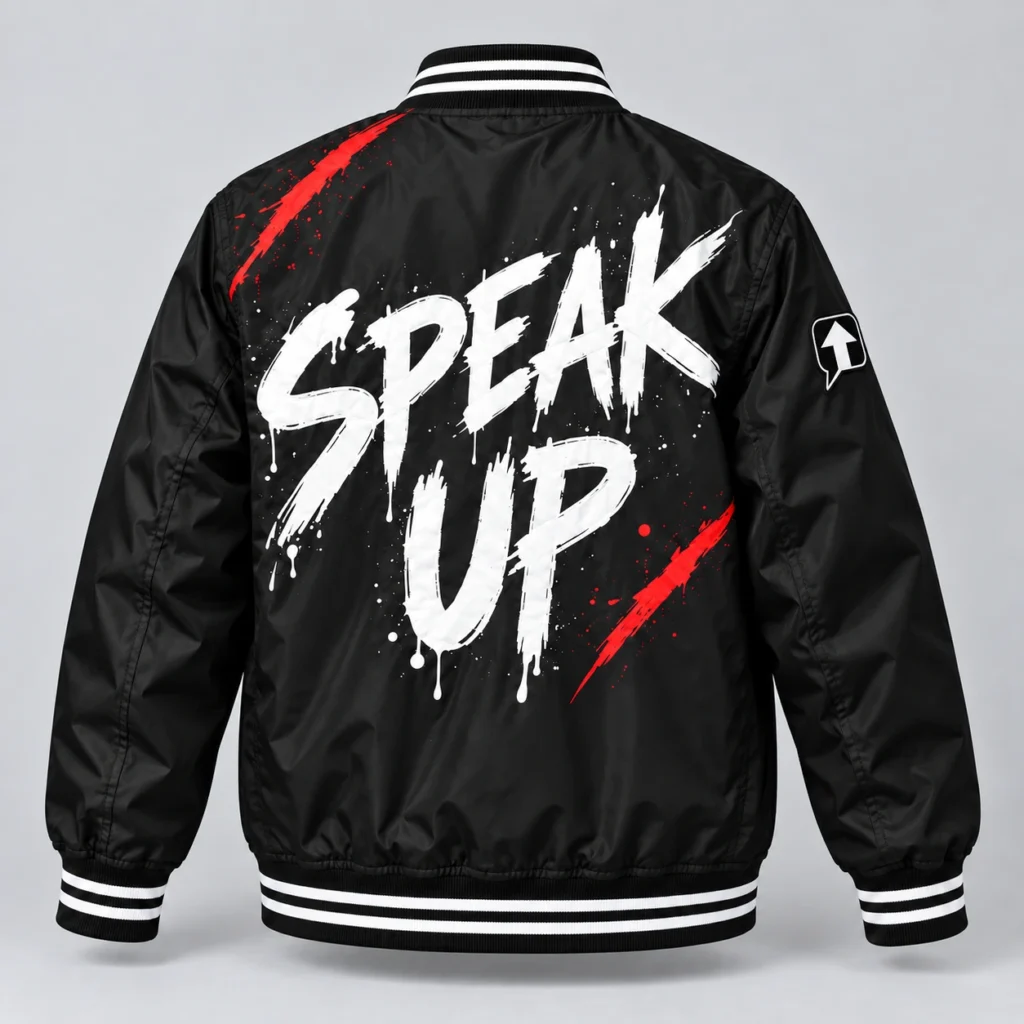 Black SPEAK//UP statement jacket with white Speak Up brush lettering and red back accents, rear view