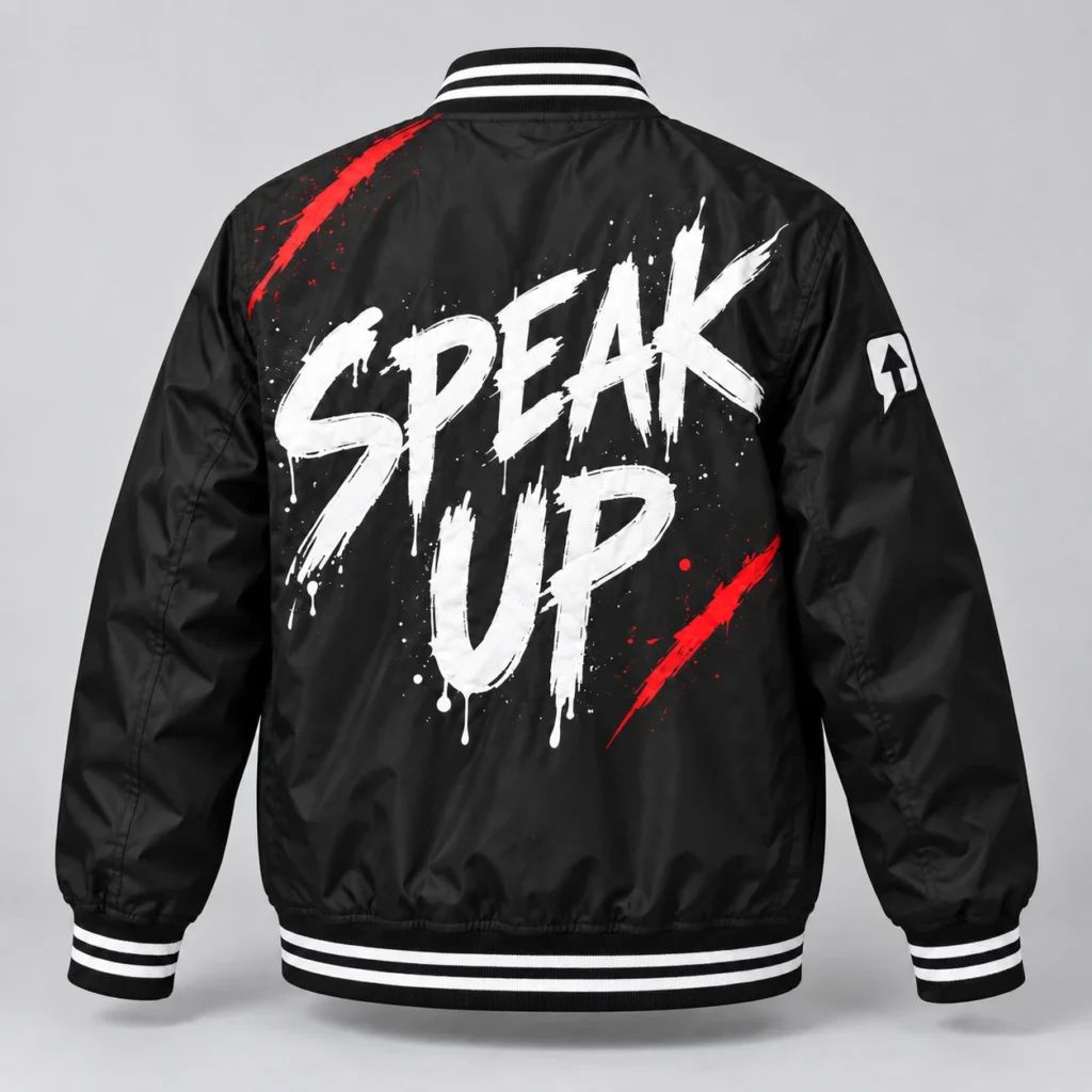 Black SPEAK//UP statement jacket with white Speak Up brush lettering and red back accents, rear view