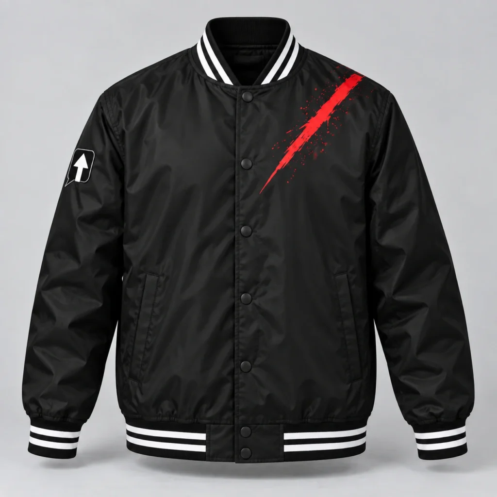 Black SPEAK//UP varsity bomber jacket with red shoulder artwork, an arrow sleeve patch and striped ribbing, front view