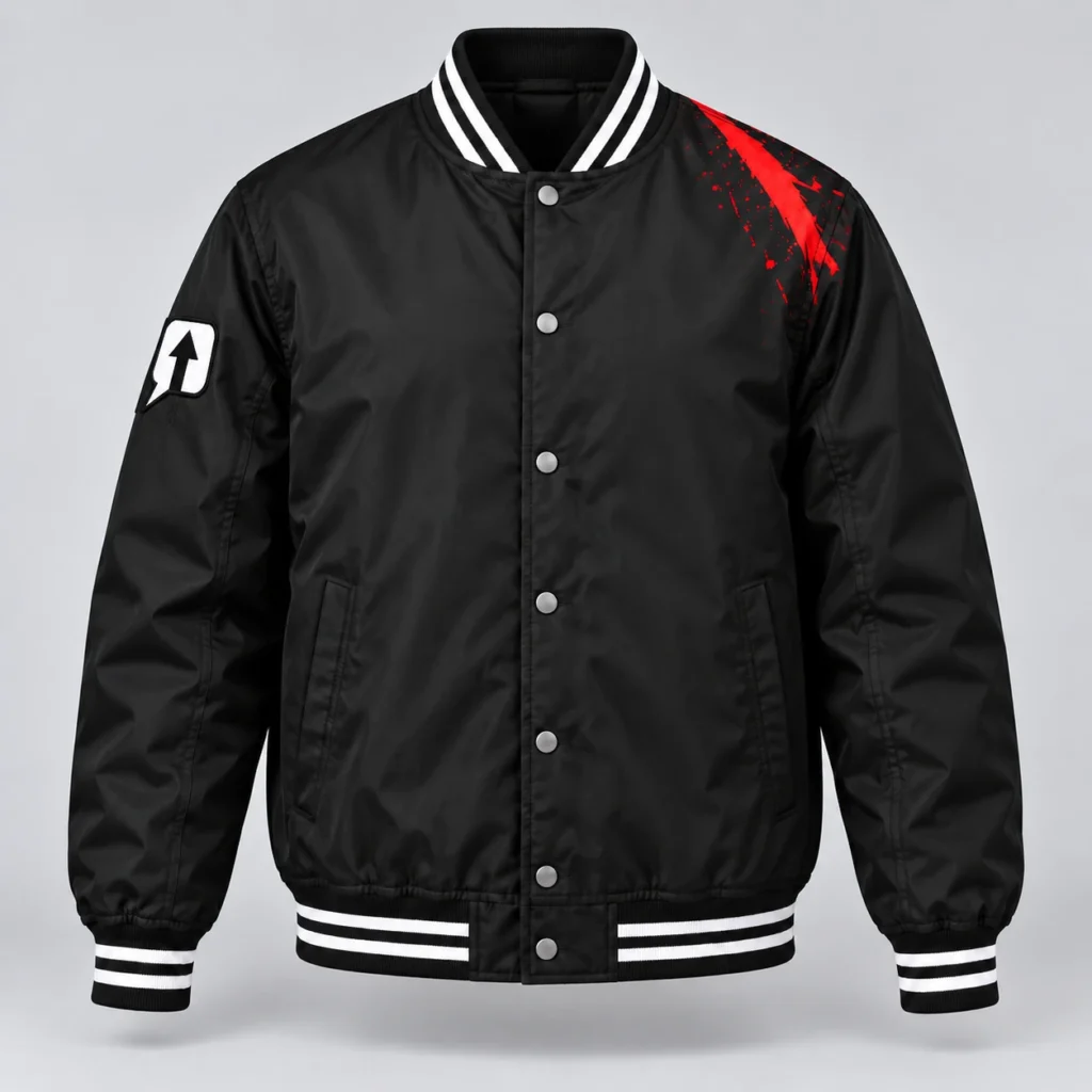 Black SPEAK//UP varsity bomber jacket with red shoulder artwork, an arrow sleeve patch and striped ribbing, front view