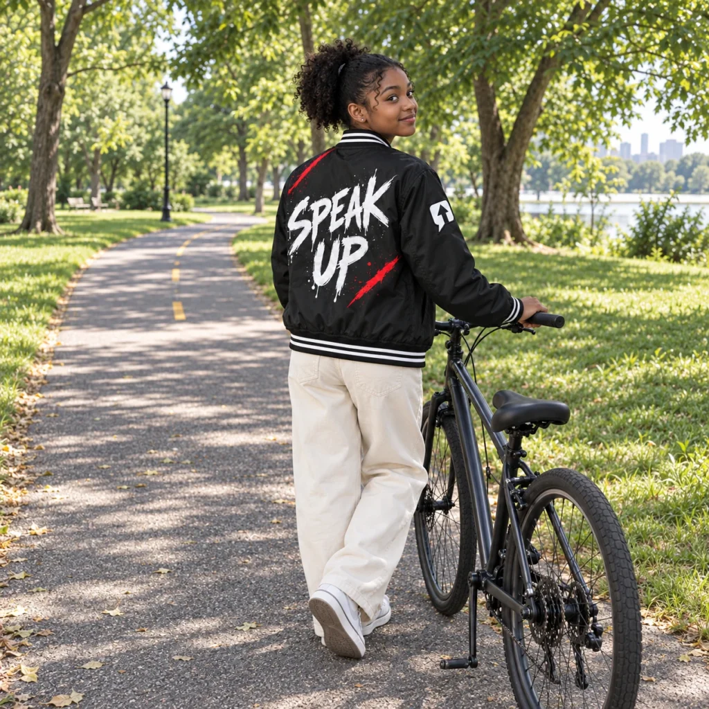 Teen girl walking with a bicycle in a black SPEAK//UP jacket with white Speak Up lettering on the back