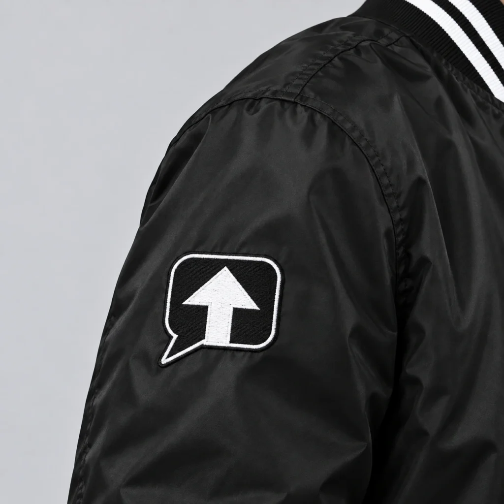 Close-up of the black speech-bubble patch with a white arrow and white stitched edging on a black SPEAK//UP jacket sleeve
