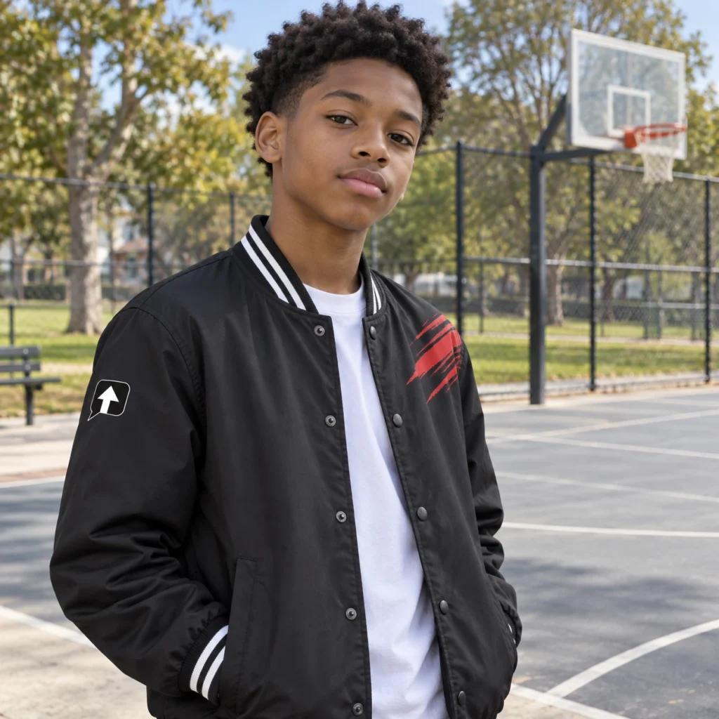 Teen boy wearing a black SPEAK//UP bomber with red shoulder artwork beside an outdoor basketball court