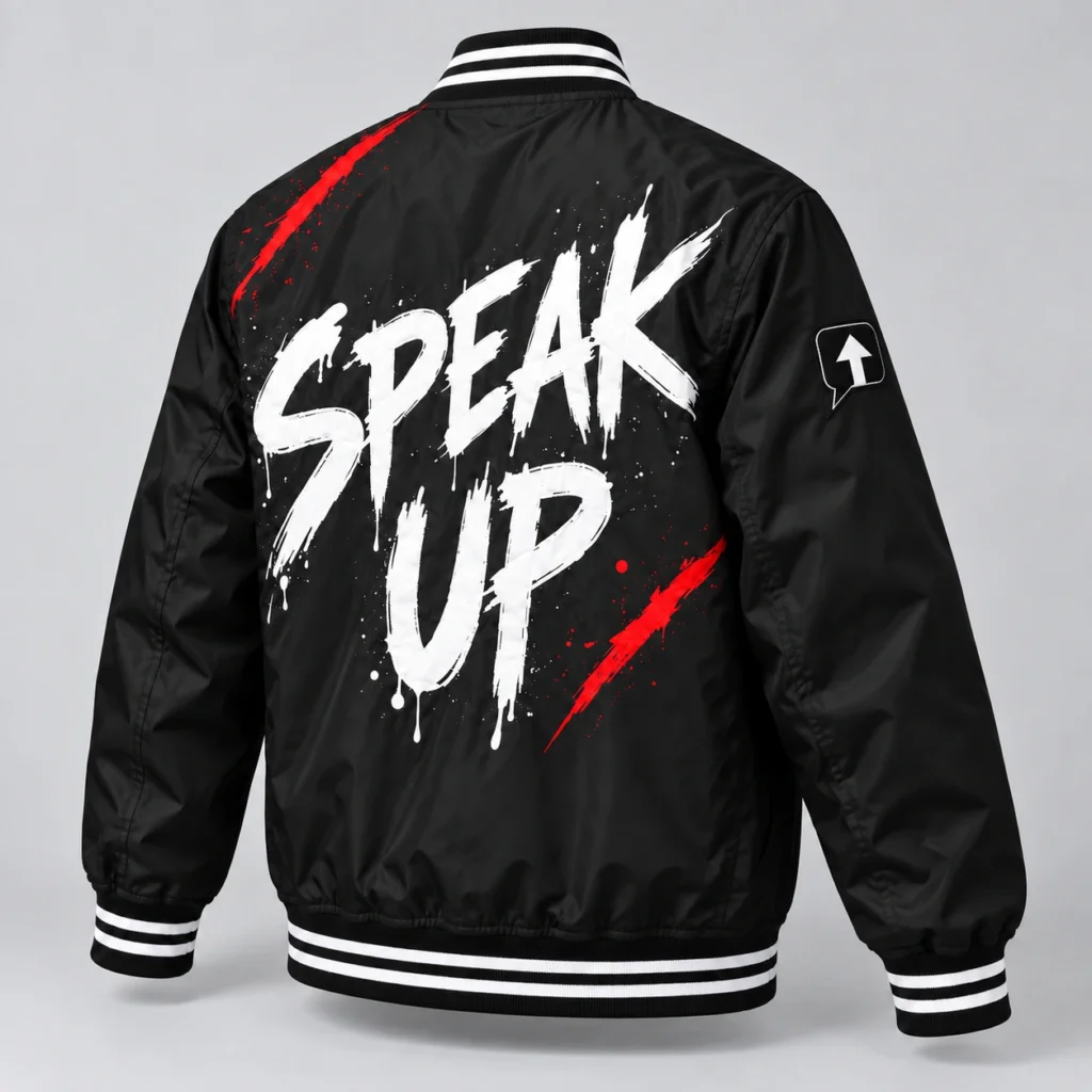 Rear three-quarter view of a black SPEAK//UP bomber showing white back lettering and an embroidered arrow sleeve patch