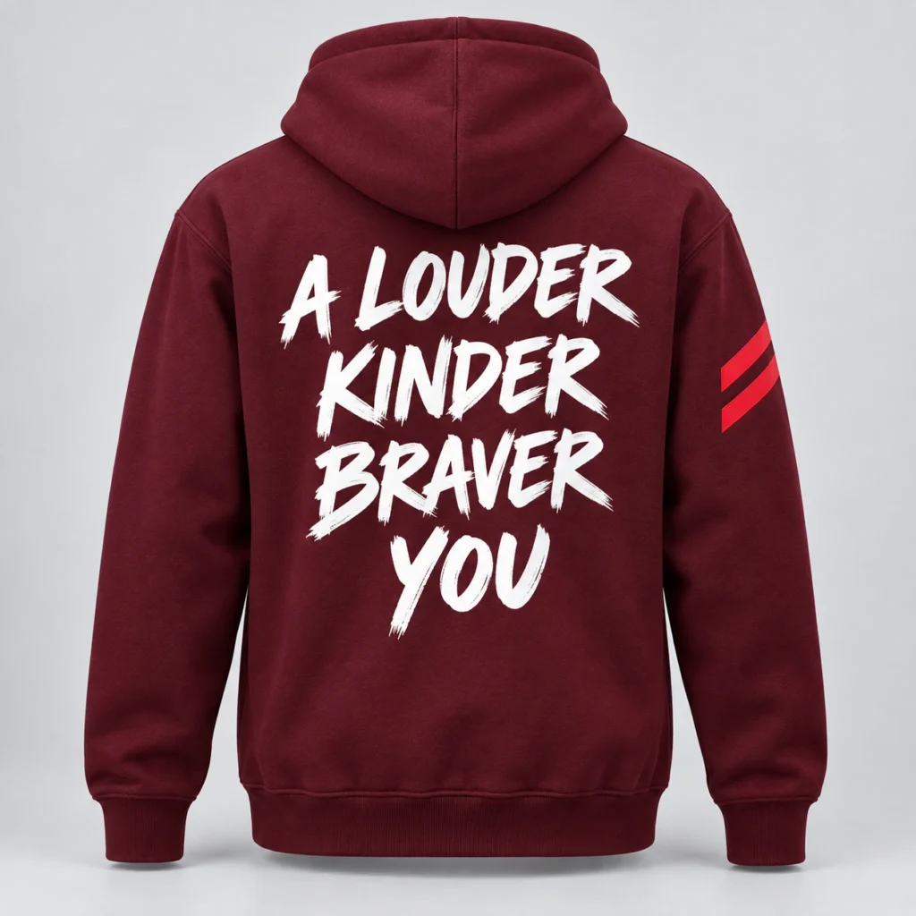 Burgundy SPEAK//UP hoodie, back view with white A Louder Kinder Braver You lettering and red stripes on the right sleeve