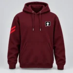 Burgundy SPEAK//UP pullover hoodie, front view with a black chest patch with a white arrow and white border and red stripes on the right sleeve