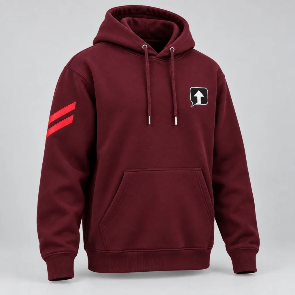 Burgundy SPEAK//UP pullover hoodie, three-quarter view with a black chest patch with a white arrow and white border and red stripes on the right sleeve