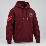 Burgundy SPEAK//UP pullover hoodie, three-quarter view with a black chest patch with a white arrow and white border and red stripes on the right sleeve