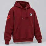 Burgundy SPEAK//UP pullover hoodie, three-quarter view with a white arrow chest patch and red stripes on the right sleeve