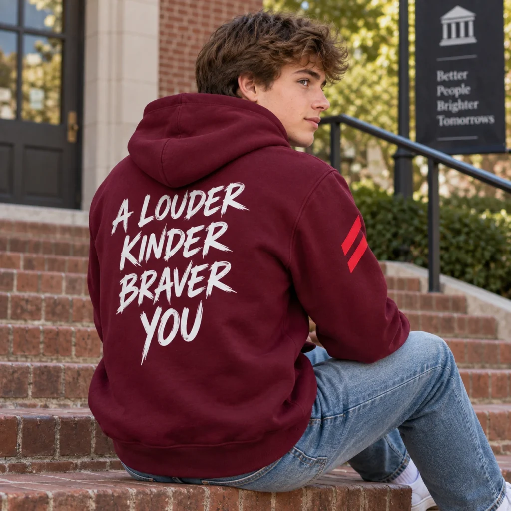 Teenage boy wearing a burgundy SPEAK//UP hoodie with white A Louder Kinder Braver You lettering on the back on outdoor steps