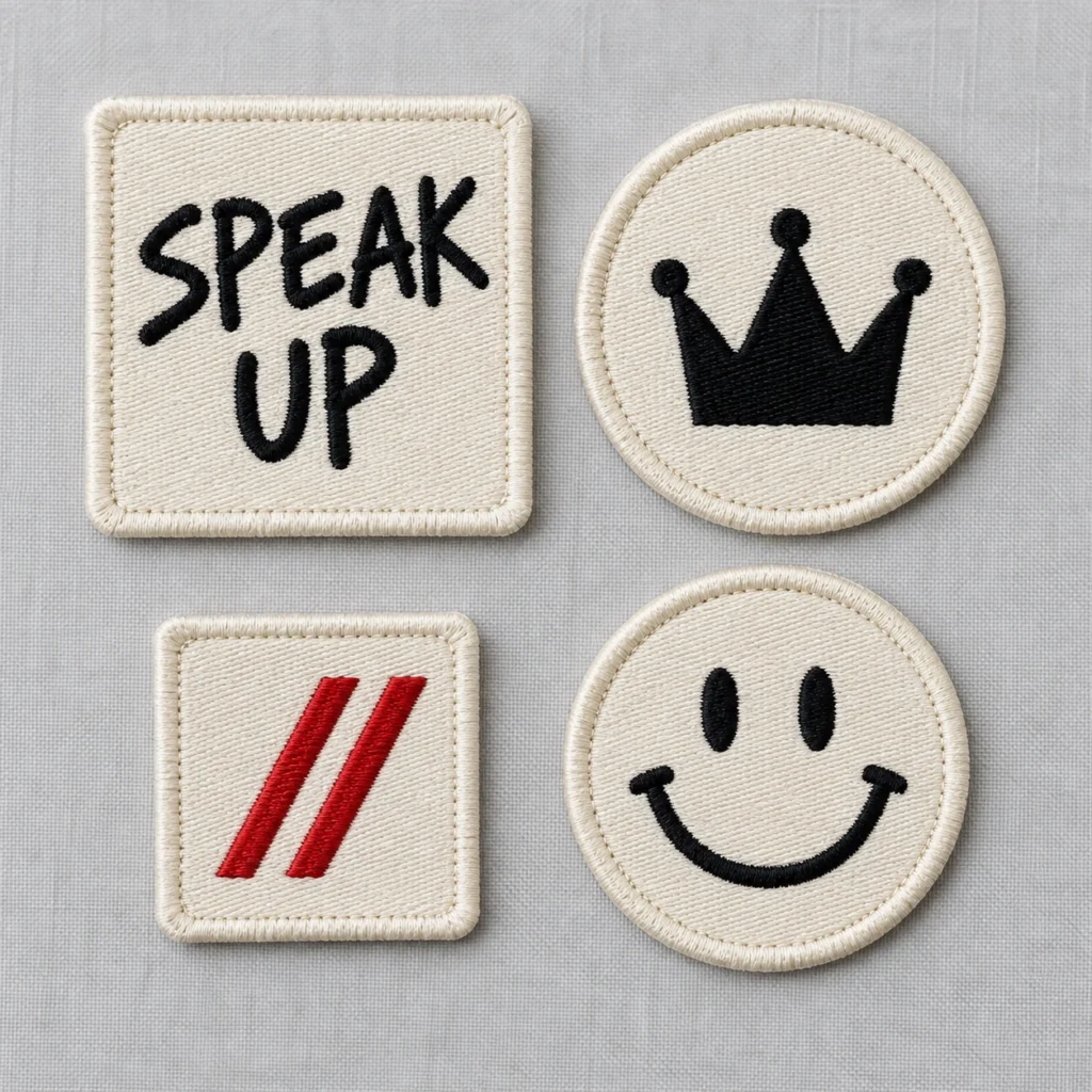 Four ivory SPEAK//UP embroidered patches with black SPEAK UP lettering, a crown, a smiling face and red double slashes