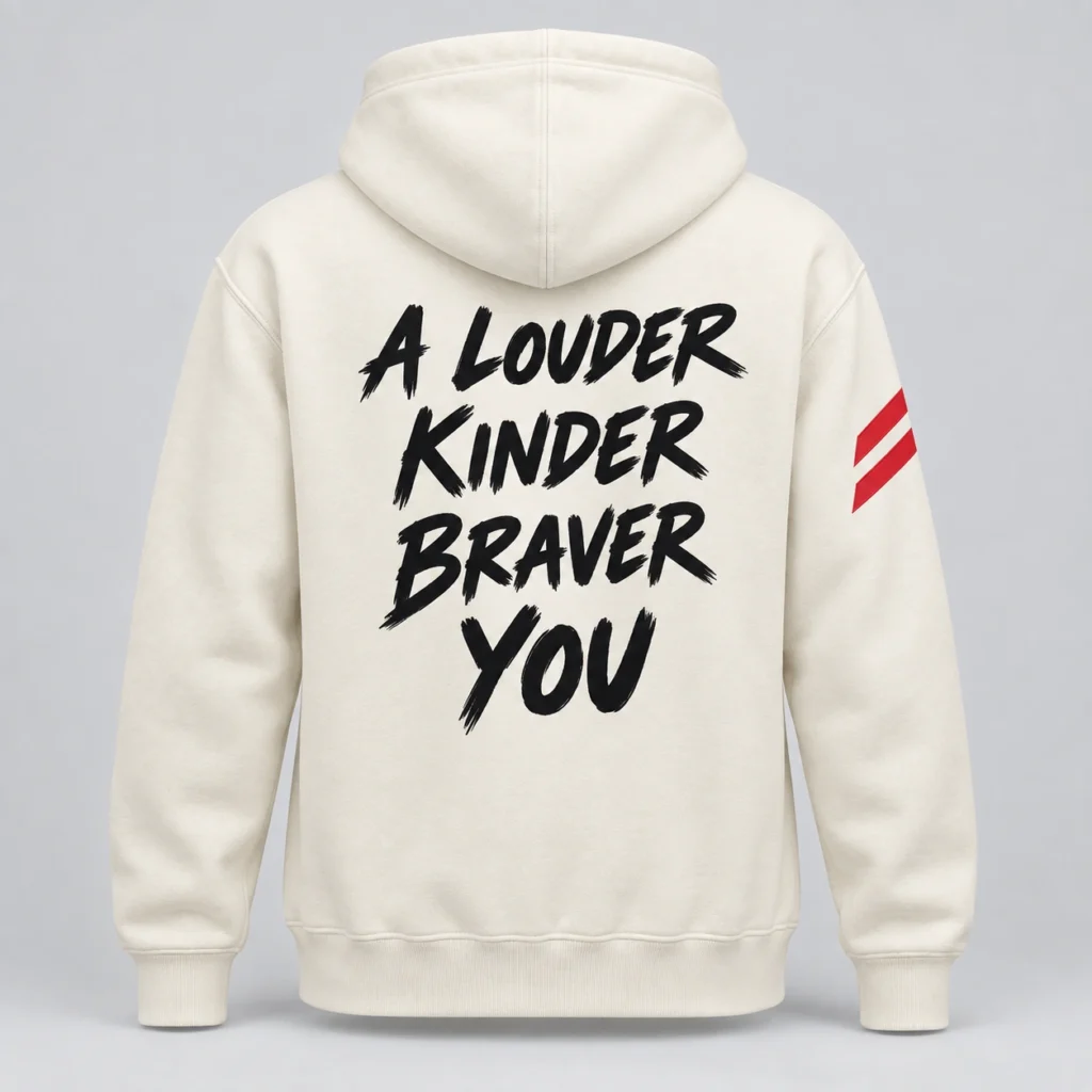 Milk Ivory SPEAK//UP hoodie, back view with black A Louder Kinder Braver You lettering and red stripes on the right sleeve