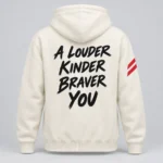 Milk Ivory SPEAK//UP hoodie, back view with black A Louder Kinder Braver You lettering and red stripes on the right sleeve