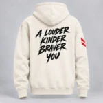 Milk Ivory SPEAK//UP hoodie, back view with black A Louder Kinder Braver You lettering and red stripes on the right sleeve