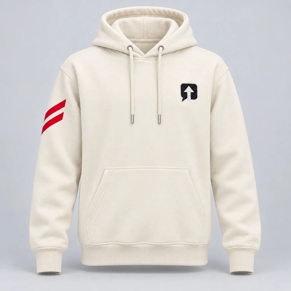 Milk Ivory SPEAK//UP pullover hoodie in a straight front view, with a black arrow patch on the left chest and two red stripes on the right sleeve.