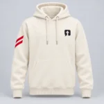 Milk Ivory SPEAK//UP pullover hoodie in a straight front view, with a black arrow patch on the left chest and two red stripes on the right sleeve.