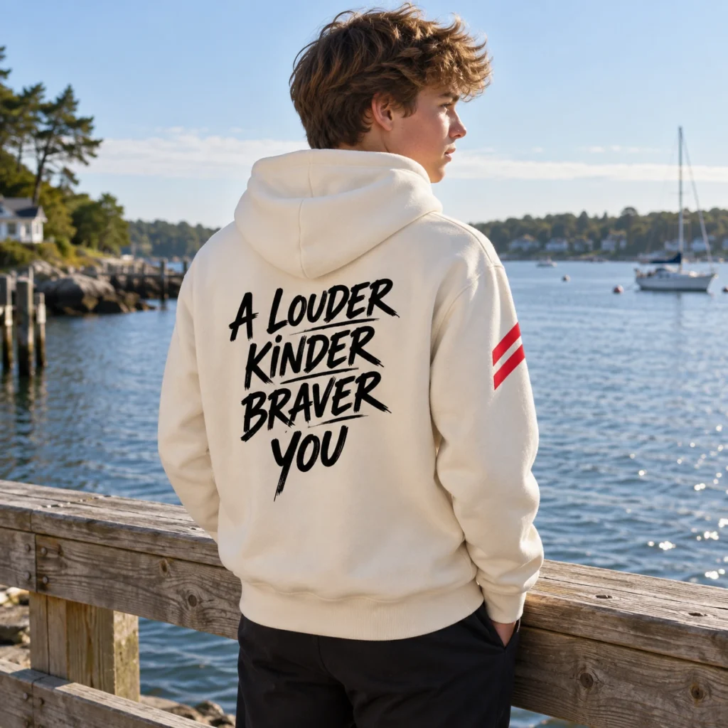 Teenage boy wearing a milk ivory SPEAK//UP hoodie with black A Louder Kinder Braver You lettering on the back at a waterfront