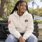 Teenage girl wearing a milk ivory SPEAK//UP hoodie with a stitched arrow patch and red sleeve stripes on a park bench
