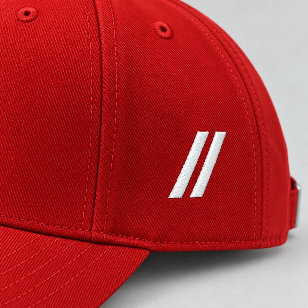 Close-up of white embroidered double slashes on the red SPEAK//UP cap