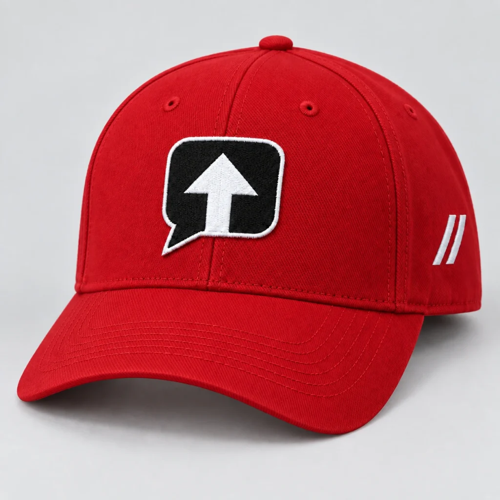 Red SPEAK//UP high-profile baseball cap, front view