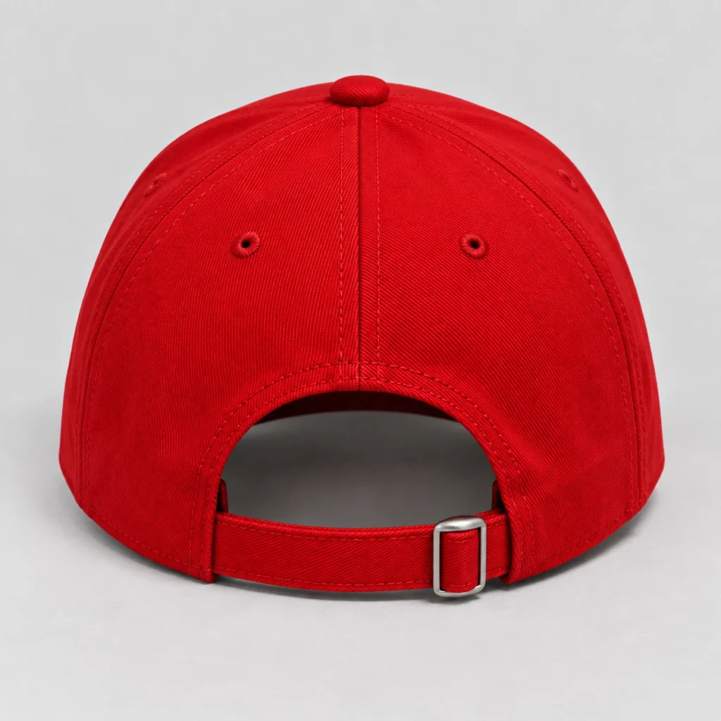 Red SPEAK//UP high-profile baseball cap, rear view