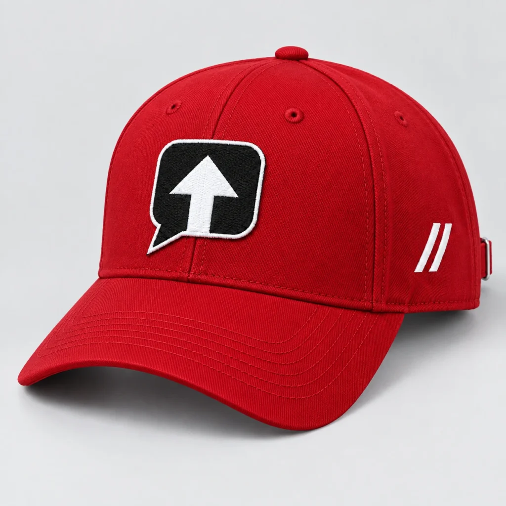 Red SPEAK//UP high-profile baseball cap, side view