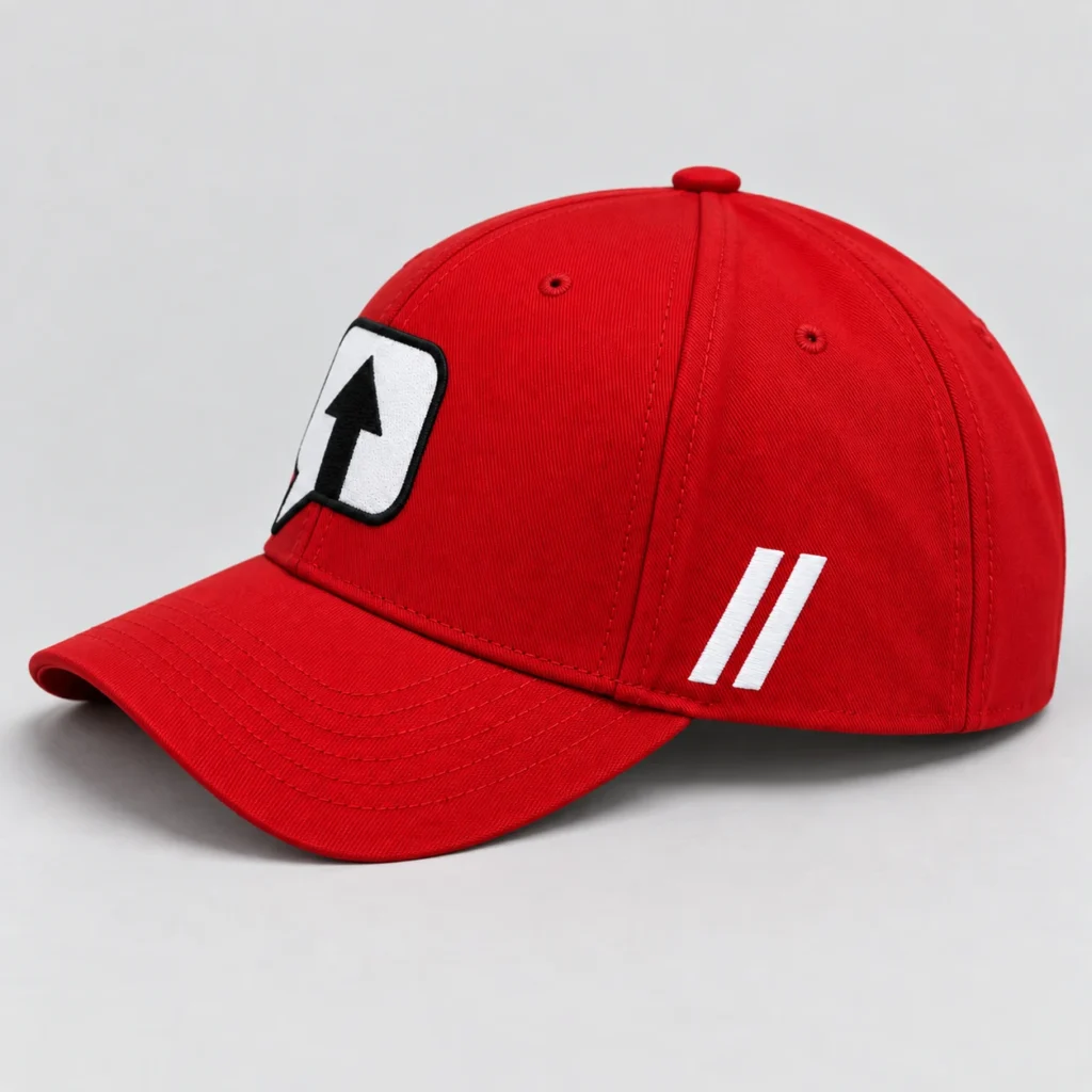 Red SPEAK//UP high-profile baseball cap, side view