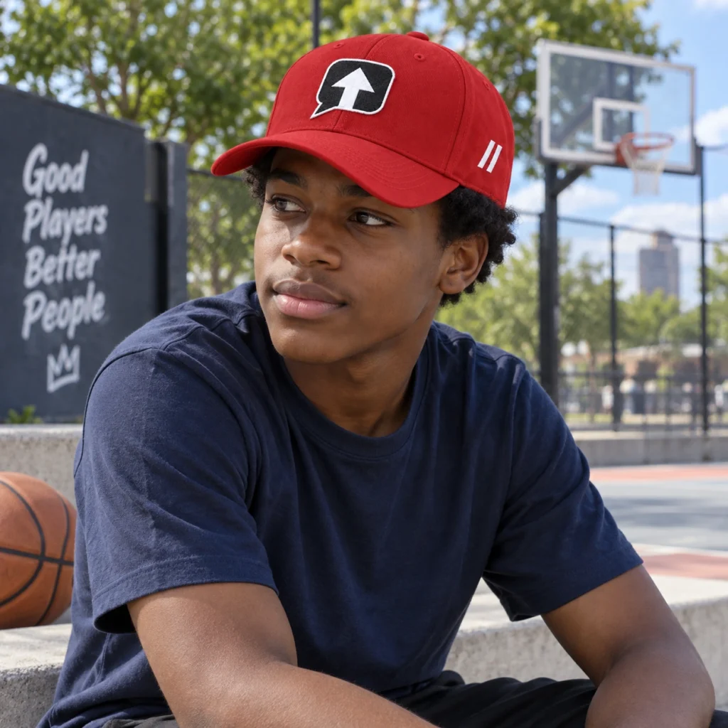 Teenage boy wearing a red SPEAK//UP high-profile baseball cap with white side embroidery beside a basketball court